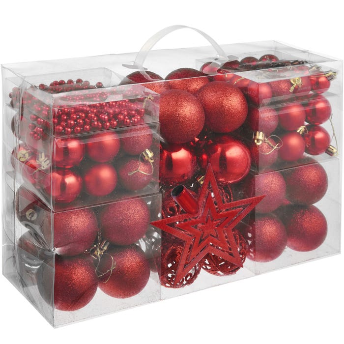 84 okrossbara julgranskulor med kedja och stjärna i rött