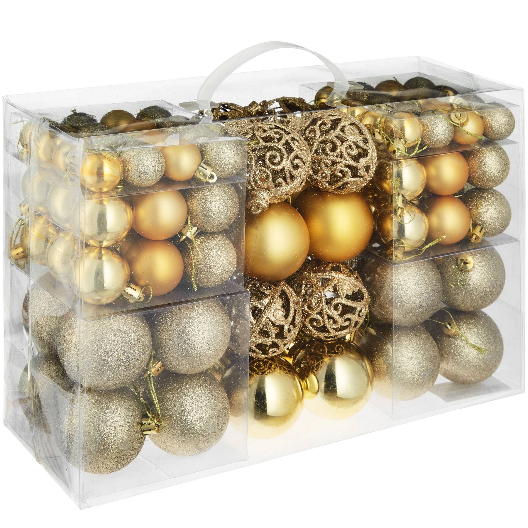 Julgranskulor, 100-set i guld, av slitstark plast, diameter 3, 4 och 6 ...