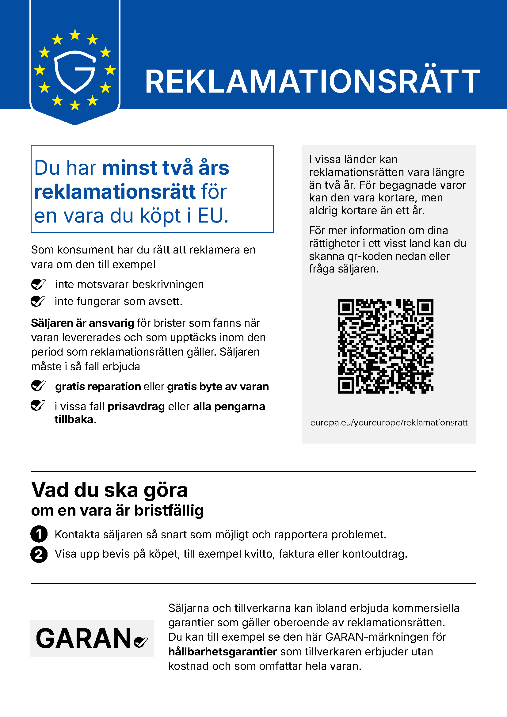 Lagstadgad garanti – konsumenträttigheter i EU EU-information om lagstadgad garanti med konsumenträttigheter och QR-kod