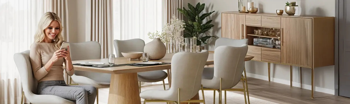 Modernt matrum med ljusa stoppade stolar, ovalt matbord i tr&auml; och stilren sideboard &ndash; ung kvinna sitter leende med en mobil vid bordet.