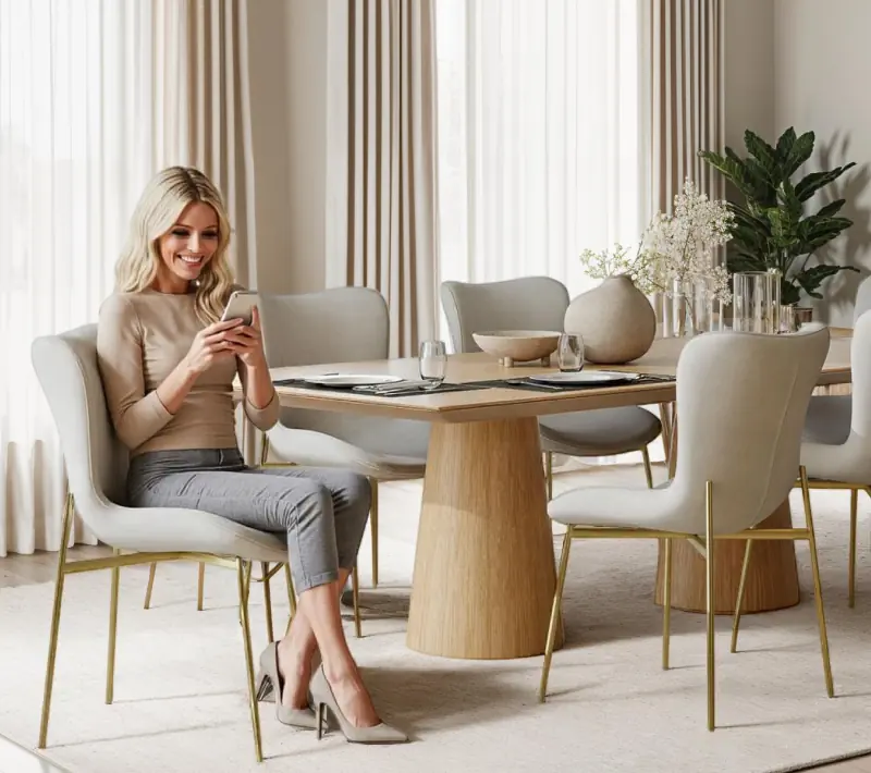 Modernt matrum med ljusa stoppade stolar, ovalt matbord i tr&auml; och stilren sideboard &ndash; ung kvinna sitter leende med en mobil vid bordet.