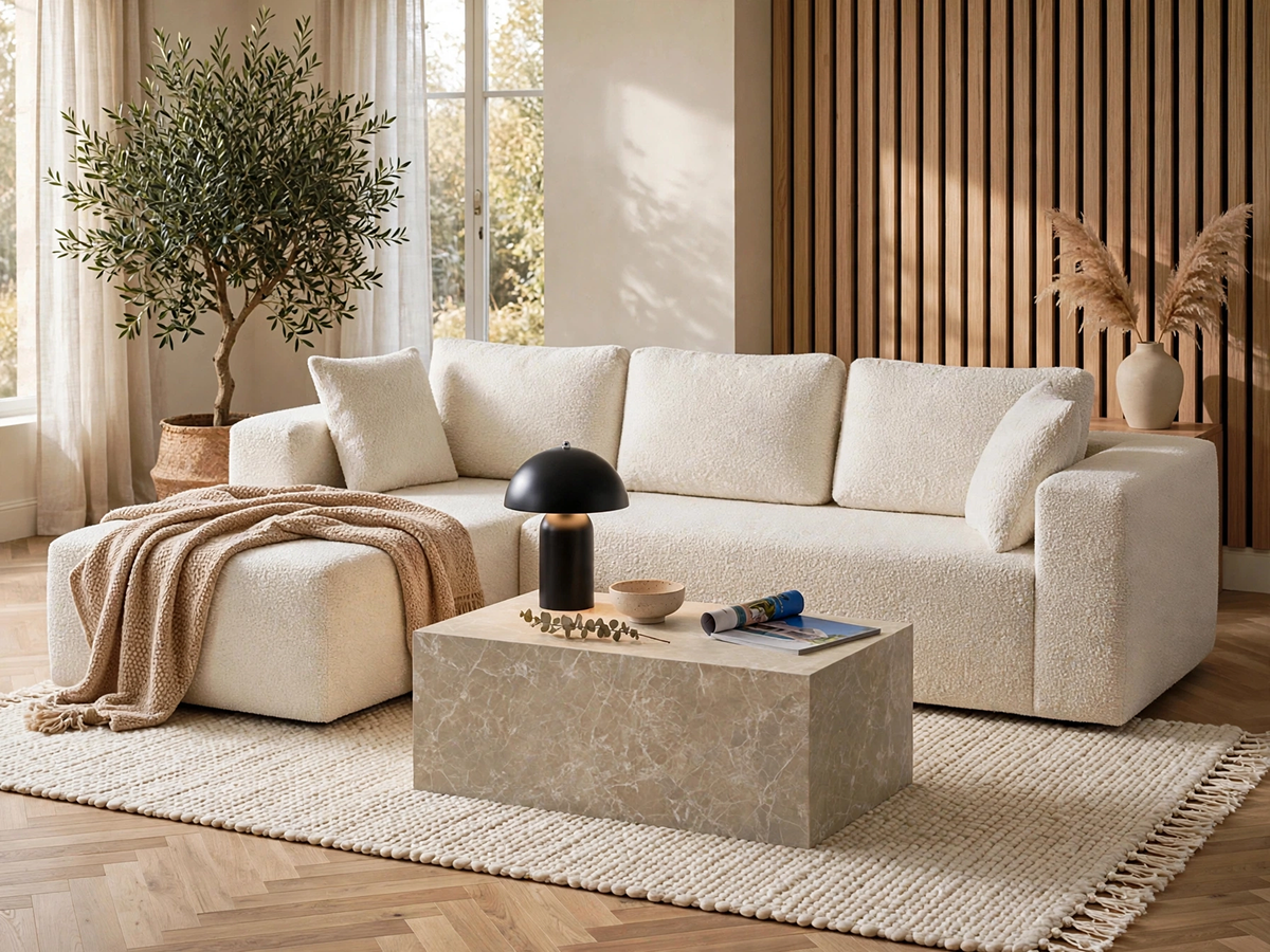Modernt vardagsrum med ljus soffa, soffbord och stilfull inredning