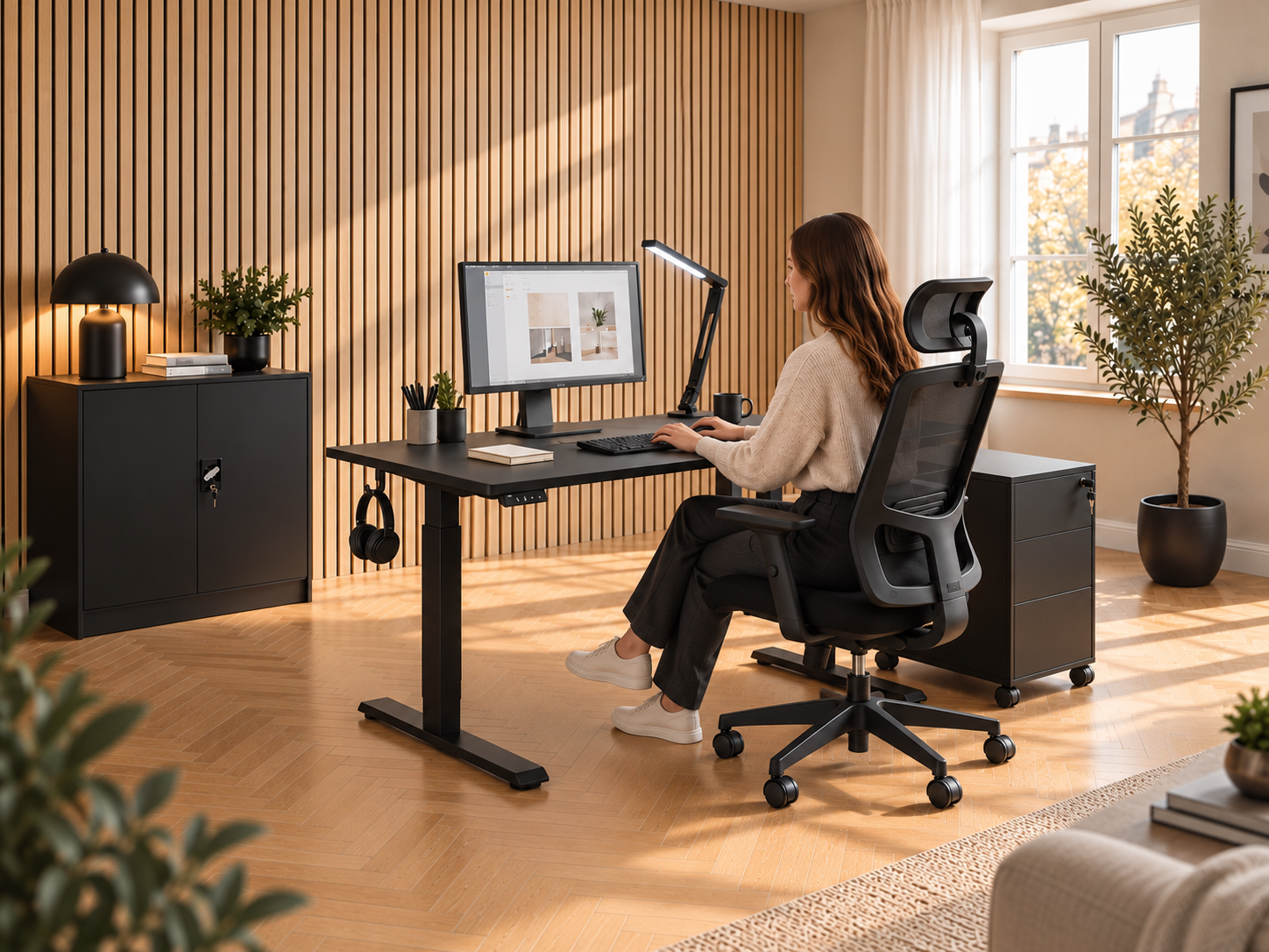 Modernt hemmakontor med skrivbord, kontorsstol och svart förvaring.